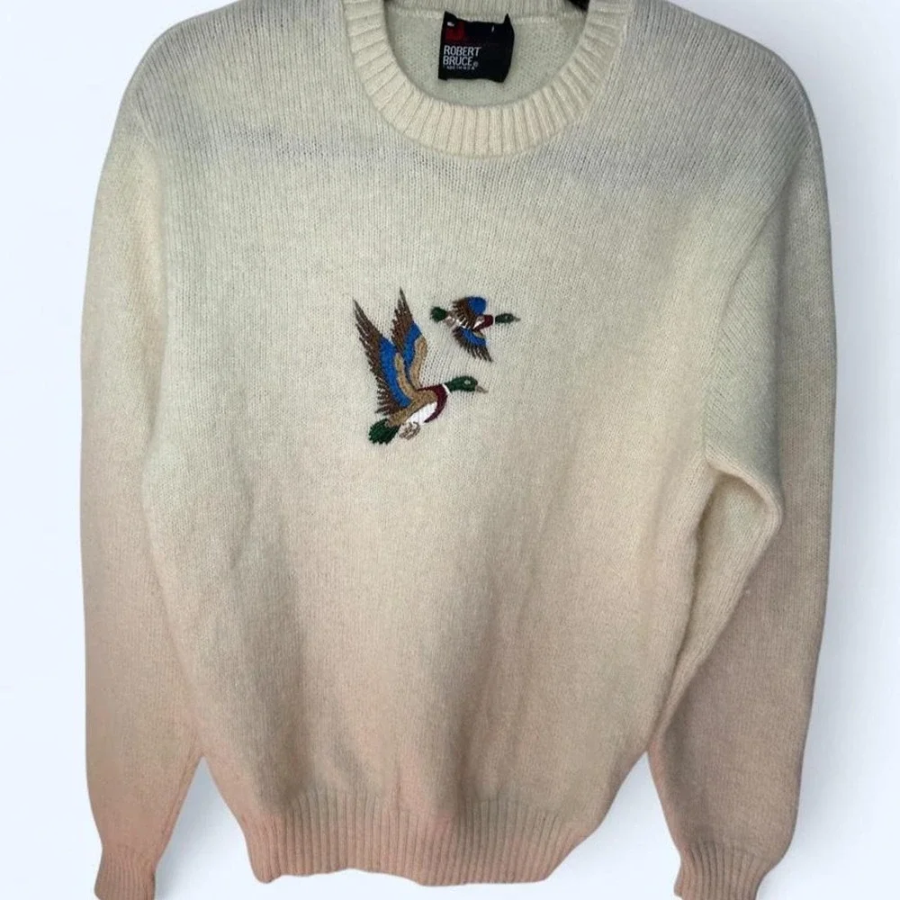 Grandpacore wool ivory embroidered duck vintage Robert Bruce sweater S medium